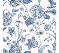Hydrangea Blue Floral Wallpaper - Flowers Botanical Leaves Naturistic Classic Traditional - Stylish Feature Wall