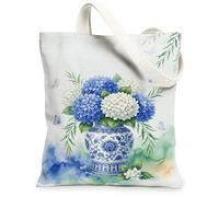 Hydrangea Canvas Tote Bag for Women, Floral Watercolor Vase Leaves Spring Blue Washable Reusable Everyday Tote Bags Ideas F, Blue, 13x15 Inch
