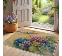 Hydrangea Dragonfly Doormat, Blue and Violet Floral Door Mat for Spring & Summer Outdoor and Indoor Decor, Non-Slip Rubber Waterproof Dust Absorbent Entry Mat, Easy to Clean 29x17 Inch