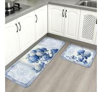 Hydrangea Floral Kitchen Mats for Floor, Blue Flowers Vintage Decorative Soft Mats, Spring Cushioned Comfort Washable Rugs for Kitchen Sinks Laundryroom Bathroom 2pcs