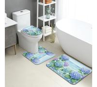 Hydrangea Floral Quick Dry Bath Mat, Blue Green Watercolor Absorbent Non Slip Shower Mat, Spring Seasonal Washable Bath Rugs for Bathroom Toilet Restroom Decorative 3 Piece Sets