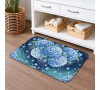 Hydrangea Floral Quick Dry Bath Mat, Elegant Blue Flower Design Absorbent Non Slip Shower Mat, Spring Decorative Flannel Washable Bath Rugs for Bathroom Toilet Restroom 16x24 Inch