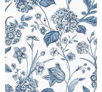 Hydrangea Floral Tulips Wildflower Flowers Botanical Leaves Leaf Wallpaper Rasch Blue One Size