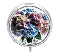 Hydrangea Flowers in Vase Pill Box, 3 Compartment Small Pill Case Waterproof Travel Pill Organizer for Pocket Or Purse Portable Mini Medicine Tablet Vitamin Holder Pill Case