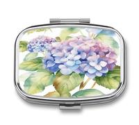Hydrangea Watercolor Small Pill Box for Purse Travel Essentials Metal Pill Case 2 Compartments Compact Medicine Container Portable Daily Pill Organizer for Vitamins Fish Oils