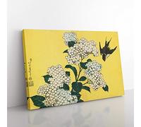 Hydrangeas And Swallow By Katsushika Hokusai Asian Japanese Canvas Wall Art Print Ready to Hang, Framed Picture for Living Room Bedroom Home Office Décor, 76x50 cm (30x20 Inch)