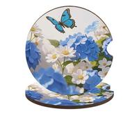 Hydrangeas Daisies Butterflies Car Cup Holder Coasters 2-Pack Absorbent Wood & Cork Coasters for Car Cup Holders, Festive Car Accessories for Women & Men