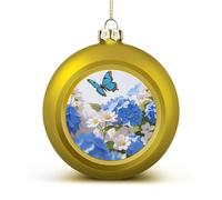 Hydrangeas Daisies Butterflies Christmas Ball Ornaments - Golden Shatterproof Plastic Vintage Rustic Xmas Tree Decorations Pendant for Family Holiday Wedding Party Xmas Hanging Decoration