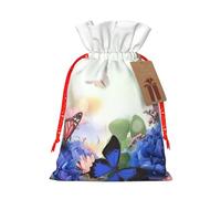 (Hydrangeas Daisies Butterflies) Christmas Burlap Gift Bags, Eco-Friendly Polyester Drawstring Pouches For Holiday, Birthday & Party Gift Packaging S
