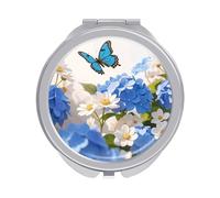 Hydrangeas Daisies Butterflies Compact Mirror for Purse, Double-Sided 1x/2x Magnifying Metal Pocket Makeup Mirrors, Folding Mini Vanity Mirror, Handheld Round Travel Cosmetic Mirrors for Women