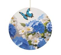 Hydrangeas Daisies Butterflies Double-Sided Ceramic Christmas Ornaments - Round Hanging Mini Xmas Tree Decorations, Ideas for Farmers, Rustic Home Decor for Indoor Outdoor Tree Decor
