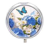Hydrangeas Daisies Butterflies Pill Box - 3 Compartment Travel Pill Organizer with Small Mirror, Portable Pillcase for Pocket & Purse, Cute Round Medicine Case, Weekly Medicine Container
