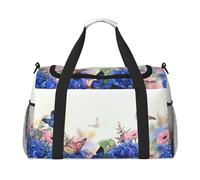 Hydrangeas Daisies Butterflies Print Everyday Use Travel Duffle Bag Large Capacity Travel Bag Stylish Functional Bag, Black, One Size