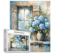 Hydrangeas Jigsaw Puzzles for Adults 1000 Pieces, Rustic Window Blue Flowers Floral Art Jigsaw Puzzle Colorful DIY Puzzles for Home Decoration Gifts, Family Puzzle Perfect for Game Nights
