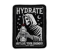 Hydrate Outlive Your Enemies Patch 3 Inches Funny Skeleton Grim Reaper Drink Water Tarot Cards Mental Health Embroidered Hook and Loop Patches or Army Backpack Vest Hat Dog Harness Military Gifts Mom