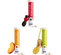 HYDRATIS Electrolyte Variety Pack | Wild Berry, Peach & Ginger | Low Sugar Effervescent Tablets for Sport & Recovery | High in Minerals (Magnesium, Zinc) | Pack of 3 Tubes (60 Tabs)