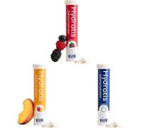 HYDRATIS Electrolyte Variety Pack | Wild Berry, Peach & Neutral | Low Sugar Effervescent Tablets for Sport & Recovery | High in Minerals (Magnesium, Zinc) | Pack of 3 Tubes (60 Tabs)