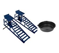 Hydraulic Car Ramps Pair 1.5 Ton Each 3 Ton Total Heavy Duty Ramps with Bottle Jack Lift Adjustable Height 305 to 390mm 34 x 26cm Platform 245mm Tyre Width plus 6L Oil Drain Pan Bundle