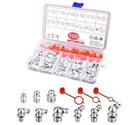 Hydraulic Grease Nipple Fitting Assortment Kit,Grease Nipples,Grease Nipple Assortment Kit,100PCS,with Plastic Grease Fitting Cap, M6 M8 M10 Straight, 90 Degree, 45 Degree Angled Grease Zerks
