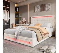 Hydraulic Lift Double Bed Frame with Storage, LED Light, Iron Frame, Upholstered Velvet Fabric Bed with Wood Slats, 199x150x123 cm, Beige Aosom.UK