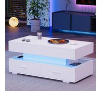 Hydraulic Lift Top Coffee Table with LED Lighting, 2 Drawers and Storage, Oblong Coffee Table for Living Room, 100L x 50W x 44H cm, White Aosom.UK