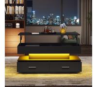 Hydraulic Lift Top Coffee Table with LED Lighting, 2 Drawers, Cocktail Table with Storage Space, for Sofa Side, 100L x 50W x 44H cm, Black Aosom.UK