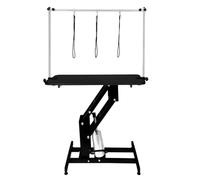 Hydraulic Pet Dog Grooming Table Lift Height Adjustable H Bar 180kg Weight Capacity Large 106cm x 61cm Black Rubber Top Professional Heavy Duty Steel Black Frame 4 Adaptable Stable Feet 3 Loop Leashes
