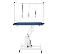 Hydraulic Pet Dog Grooming Table Lift Height Adjustable H Bar 180kg Weight Capacity Large 106cm x 61cm Blue Rubber Top Professional Heavy Duty Steel White Frame 4 Adaptable Stable Feet 3 Loop Leashes