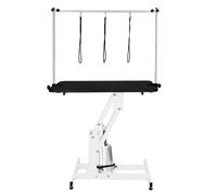 Hydraulic Pet Dog Grooming Table Lift Height Adjustable H Bar 180kg Weight Capacity Large 106cm x 61cm Black Rubber Top Professional Heavy Duty Steel White Frame 4 Adaptable Stable Feet 3 Loop Leashes
