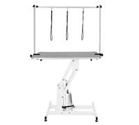 Hydraulic Pet Dog Grooming Table Lift Height Adjustable H Bar 180kg Weight Capacity Large 106cm x 61cm Grey Rubber Top Professional Heavy Duty Steel White Frame 4 Adaptable Stable Feet 3 Loop Leashes