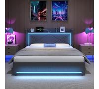 Hydraulic Storage Ottoman Bed Frame 4ft6 Double with LED Lights & Charging Station Linen Gas Lift Up Design Grey Upholstered Bed with Storage Headboard & Slats No Mattress Included