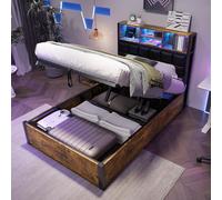 Hydraulic Storage Single Bed with Multi-Colour LED Strip, Charging Ports, Sponge Headboard for Bedroom, 208L x 96W x 107H cm, Black+Neutral Aosom UK