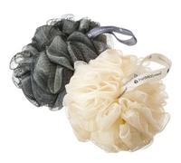 Hydrea London Shower Puffs - Pack of 2 Exfoliating Body Scrubber for Men & Women - Face & Body Cleansing Shower Scrub - Ultra-Soft, Large, & Vegan Bath Scrunchie - Bathing Buffers, Cream & Grey
