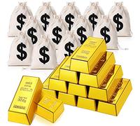 HyDren 12 Pcs Fake Gold Bar and 12 Pcs 6.3 x 4.8 Inch Drawstring Money Bag 2.4 Inch Prop Money Replica Bullion Brick for Pirate Costume Party Supplies Casino Theme Party Decoration
