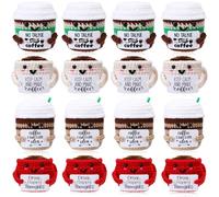 HyDren 12 Pcs Positive Funny Coffee Cup Crochet Handmade Small Unique Coffee Lovers Encouragement Gifts for Women Teacher Coworkers Birthday Graduation Holiday Cute Emotional Office Desk Decor