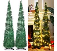 HyDren 2 Pack 5 ft Pop up Christmas Trees with Pre Lit Lights Artificial Pull up Christmas Tree PVC Collapsible Xmas Slim Tree with String Light for Home Xmas Party Decorations Install