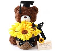 HyDren Graduation Bear Sunflowers Bouquet Bucket Grad Gifts Set Graduation Bouquet with Grad Bear Greeting Card Artificial Rose Flowers Plush Bouquet Gift for Graduate Congrats Gift