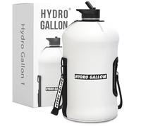 Hydro Gallon® - 1 Gallon Water Bottle Jug with Insulated Sleeve and Straw Lid, Handle, Motivational Time Marker, Pocket, Shoulder Strap. Leakproof BPA free Large Big Bottle. 128oz (White)