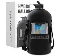 Hydro Gallon® 1 Pro - 1 Gallon Water Bottle Jug with Insulated Sleeve and Straw Lid, Handle, Time Marker, Pocket, Shoulder Strap. Daily Leakproof BPA free Large Big Bottle Men. 128oz (Black)