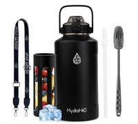 HYDRO H2O Half Gallon Stainless Steel Water Bottle Insulated with AutoLock Spout Lids & Pop-up Straw& Carry Strap, Metal Water Jug with Wide Mouth 64 oz Leakproof(Black, Strap)