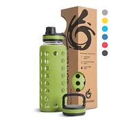 hydro2go Glass Water Bottle 950ml with Silicone Sleeve - Leak-Proof, BPA-Free, Dishwasher Safe, 2 Lids - Ideal for Office & Sports (Olive Green 2.0)