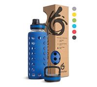 hydro2go Glass Water Bottle with Silicone Sleeve - 100% Leak-Proof, BPA-Free, Dishwasher Safe, 2 Replaceable Lids - Perfect for Office, Fitness, Yoga, Sports & Outdoors (Navy Blue 2.0) - 950 ml