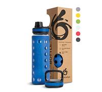hydro2go Glass Water Bottle with Silicone Sleeve - Dishwasher Safe, 2 Interchangeable Lids, 100% Leak-proof & BPA-free - Ideal for Children, Office, Sports & Outdoor (Navy Blue 2.0) - 550 ml