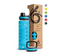 hydro2go Glass Water Bottle with Silicone Sleeve - Dishwasher Safe, 2 Interchangeable Lids, 100% Leak-proof & BPA-free - Ideal for Children, Office, Sports & Outdoor (Coral Blue 2.0) - 550 ml