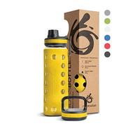 hydro2go Glass Water Bottle with Silicone Sleeve - Dishwasher Safe, 2 Interchangeable Lids, 100% Leak-proof & BPA-free - Ideal for Children, Office, Sports & Outdoor (Blazing Yellow 2.0) - 550 ml