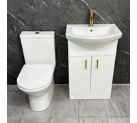 Hydros Cloakroom Suite 550mm White Vanity Unit With Brass Handles And Closed Back Toilet