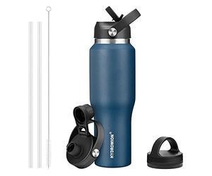 HYDROWION 32oz Stainless Steel Water Bottle(Cold for 48 Hrs, Hot for 24 Hrs), Double Wall Vacuum Insulated Water Flask with Straw Lid, Spout Lid and Flex Cap, Fit in Any Car Cup Holder, Cobalt
