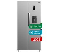 HYE American Fridge Freezer - Side By Side American Style Fridge Freezer With Water Dispenser, No Frost, 444L Freestanding Design, Low Noise (39dB), Cool Silver Finish - RF01AMWD460S03