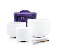 Hye Eun 3pcs 8"A 10"E 12"D Frosted Quartz Crystal Singing Bowl Set with Free Portable Bags Mallets and Rubber for Sound Therapy Meditation Yoga