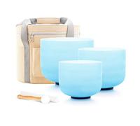 Hye-eun Crystal Singing Bowls Set, 3PCS 432hz 8"A 10"E 12"D Blue Frosted Quartz Chakra Sound Bath Bowl with Beige Carrying Case for Sound Healing Yoga Meditation Cleansing Stress Relief
